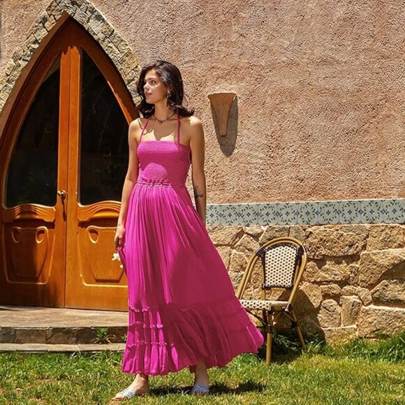 Pink Halter Maxi Dress – Smocked Bodice, Open Back, Flowy Boho Style - Picture 5 of 12